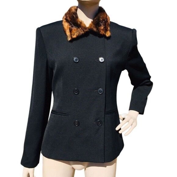 Vintage Ralph Lauren Wool Double Breasted Blazer Faux Mink Fur Collar Size 4 - Picture 1 of 7